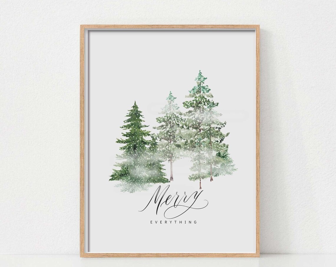 Christmas Tree Watercolor Art Print, Winter Forest