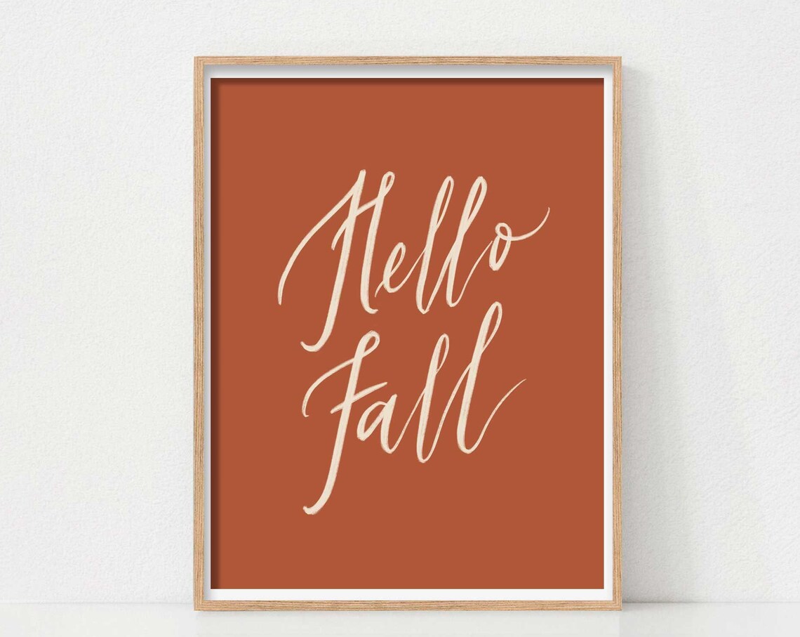 Hello Fall Cream Brush Calligraphy on Burnt Orange Autumn Poster
