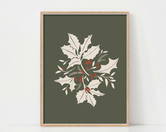 Holly Leaves and Red Berries on Dark Olive Green Holiday Poster