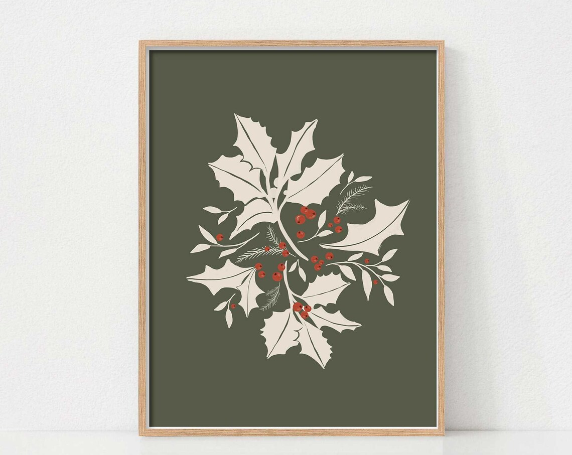 Holly Leaves and Red Berries on Dark Olive Green Holiday Poster