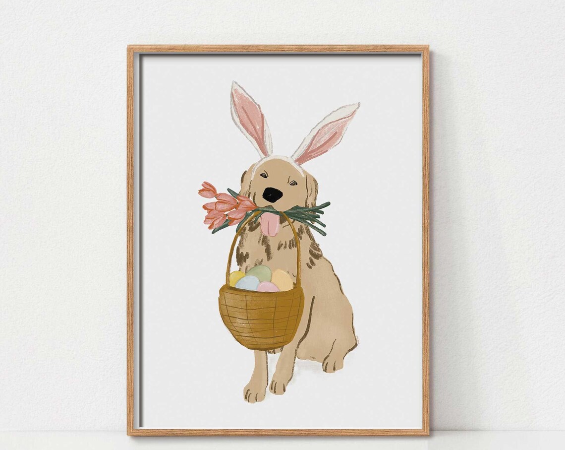 Golden Dog in Bunny Ears Holding Easter Egg Basket Cute Puppy Art Poster