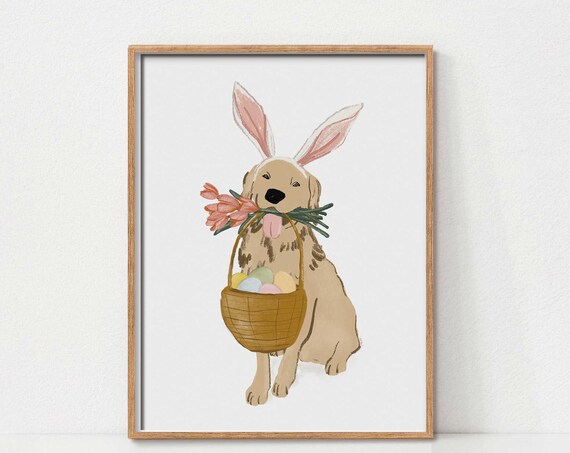 Cute Golden Retriever With Bunny Ears And Basket Easter Bunny Dog Wall Art Spring Easter Decor Seasonal Decorations