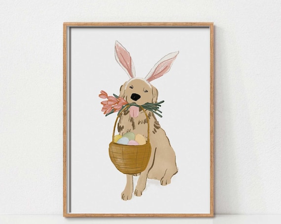 Golden Dog in Bunny Ears Holding Easter Egg Basket Cute Puppy Art Poster