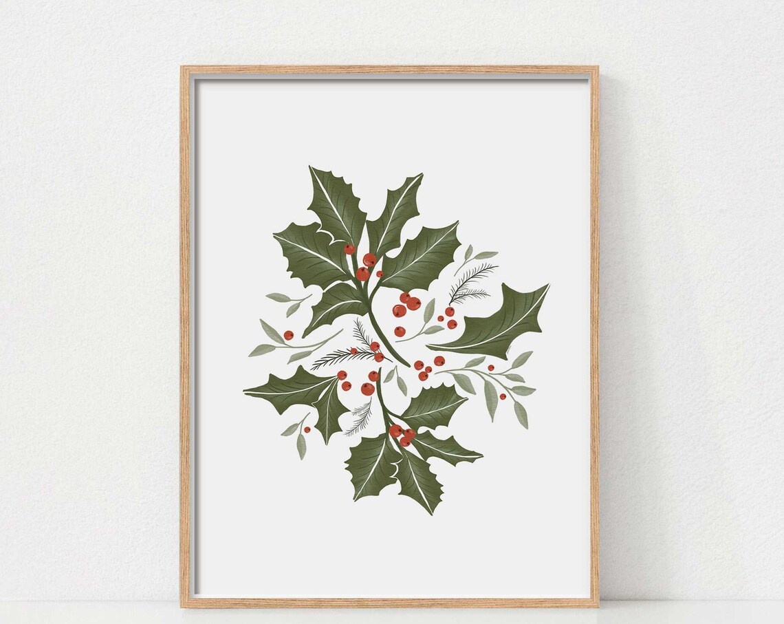 Holiday Christmas Leaves and Berries Vintage Art Print