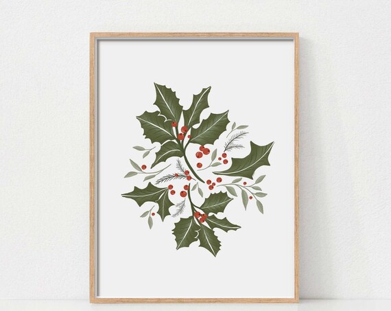 Holiday Christmas Leaves and Berries Vintage Art Print
