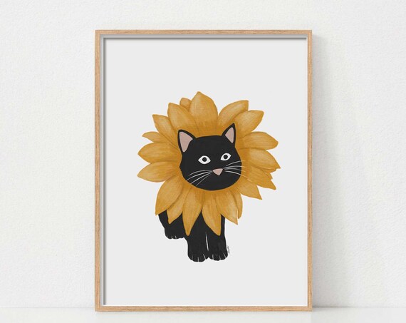Black Cat Sunflower Art Cute Cat Art Wall Art Black Cat Art Gift For Cat Lover Cat In Costume Print Summer Cat Art