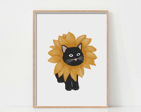 Black Cat with Golden Sunflower Mane Vertical Portrait Cute Pet Art Poster