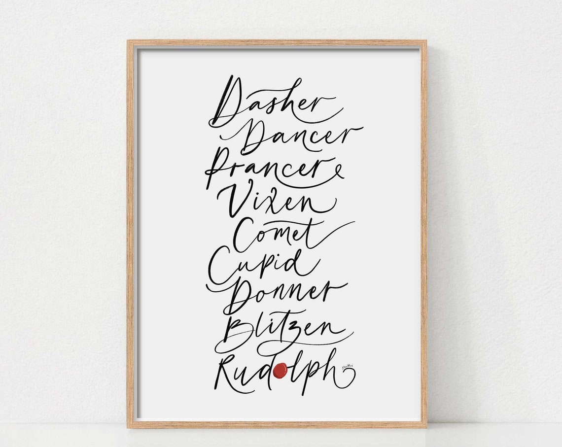 Santa Reindeer Names Black Calligraphy White Christmas Poster