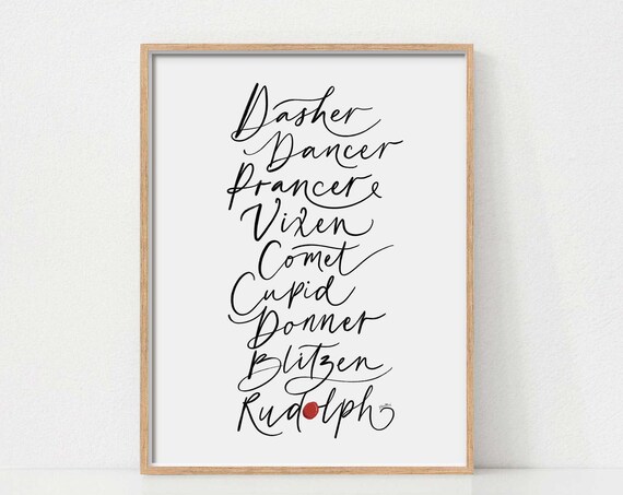 Santa Reindeer Names Black Calligraphy White Christmas Poster