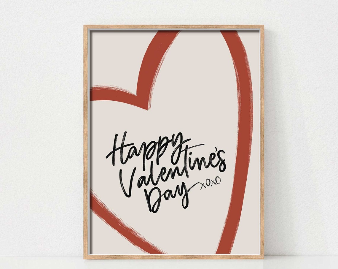 Happy Valentine's Day Red Heart Brushstroke Typography Wall Art