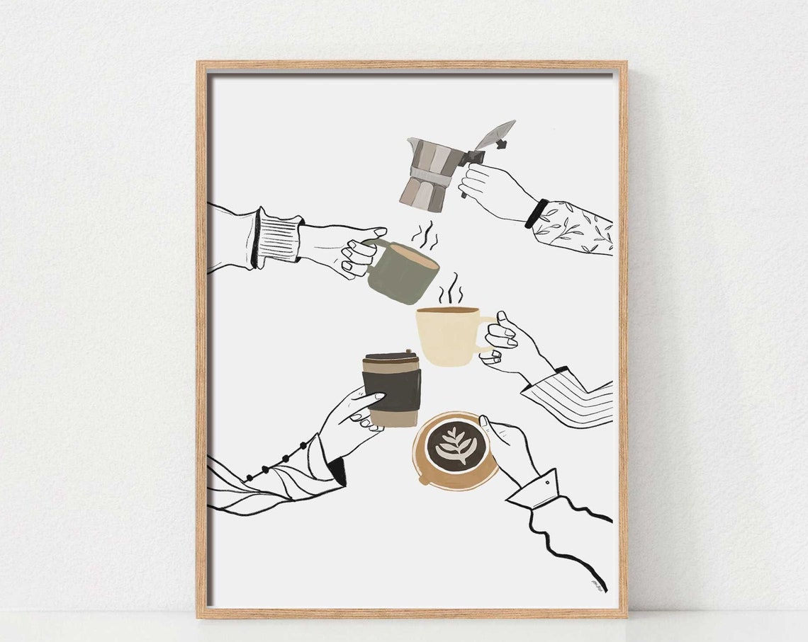 Coffee Lovers Line Art Print Hands Holding Mugs in a Cozy Circle