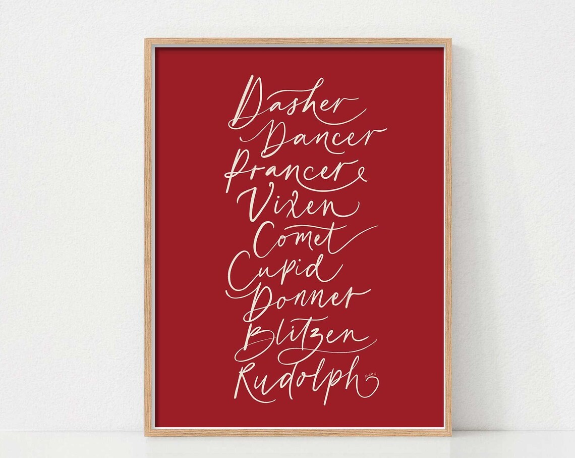 Santa Reindeer Names Elegant Calligraphy on Red Christmas Poster