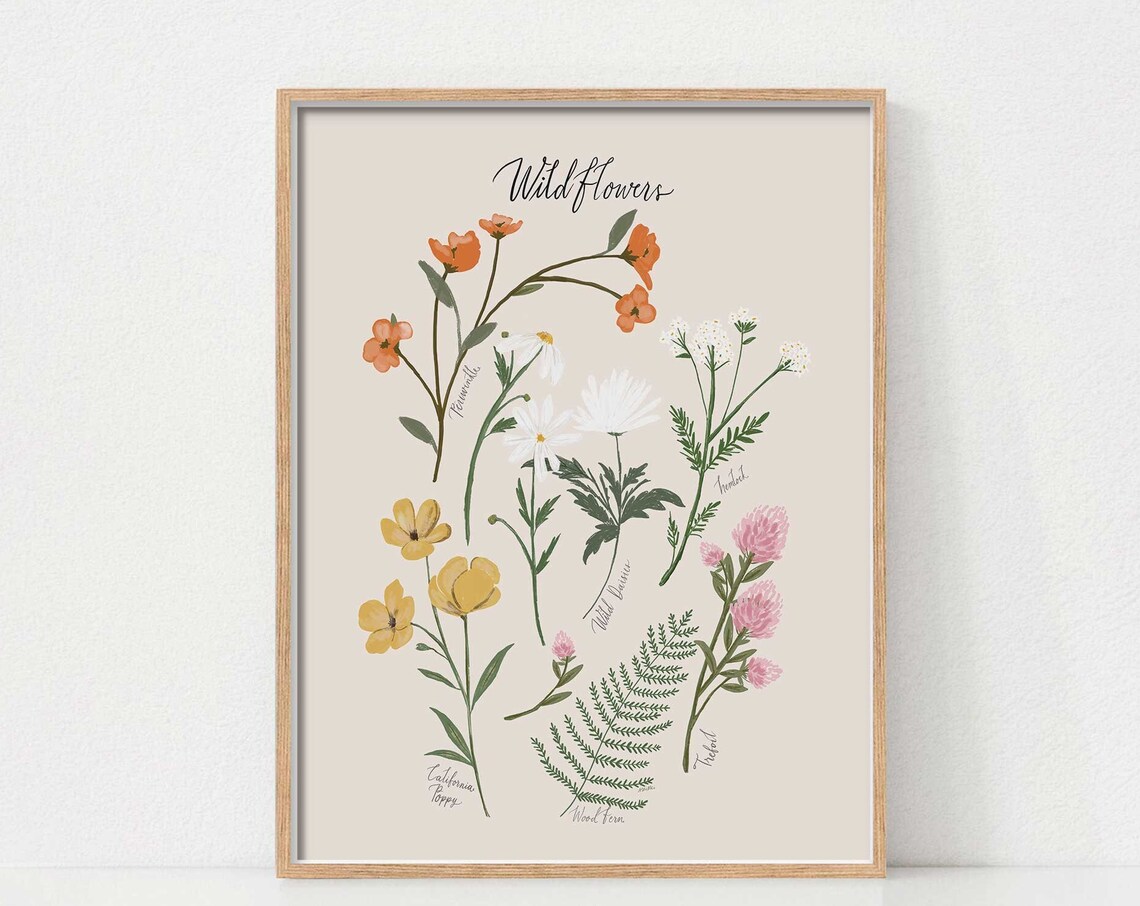 Wildflowers Botanical Art Print, Neutral Decor