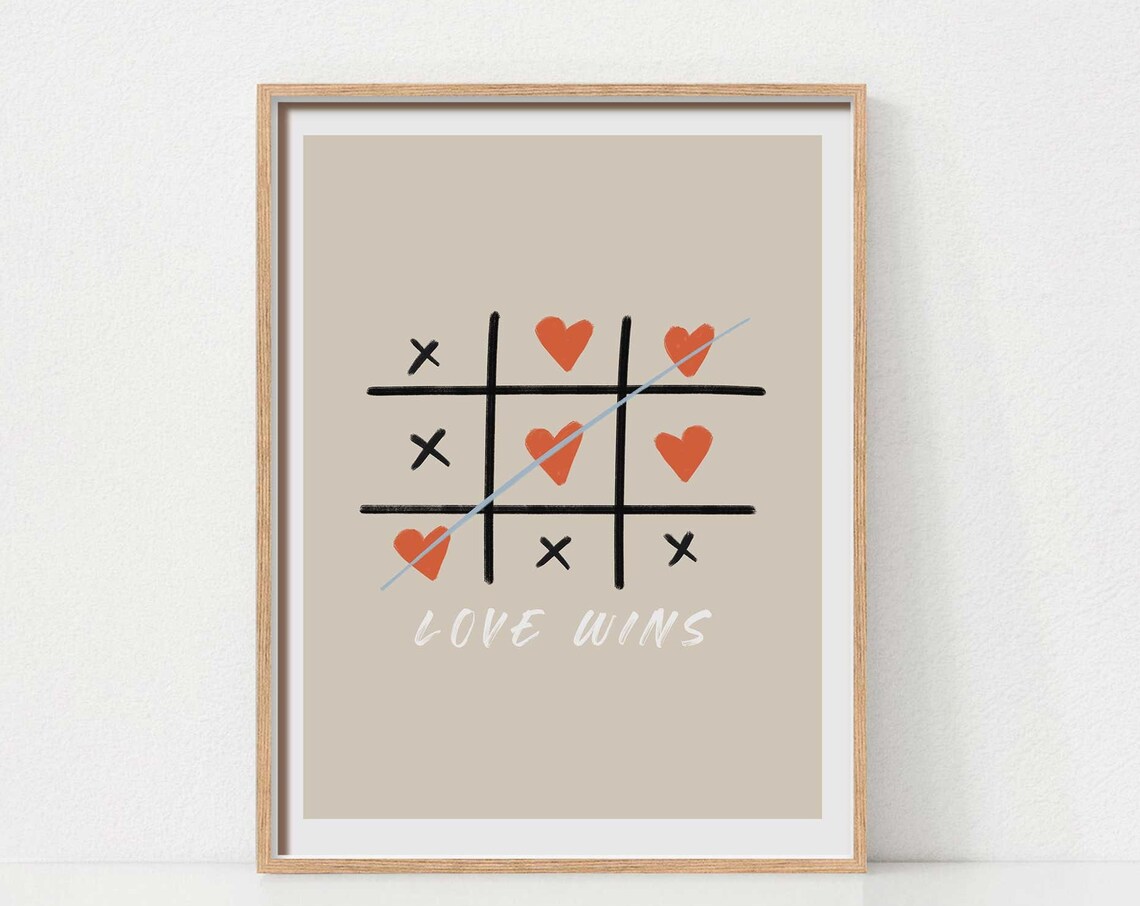 Tic Tac Toe Love Wins Heart Game Beige Minimalist Romantic Wall Poster