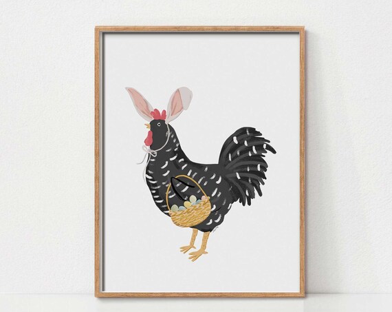 Whimsical Black Chicken with Bunny Ears Easter Basket Poster