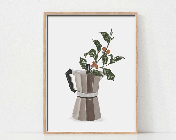 Moka Pot Coffee Plant Botanical Illustration Kitchen Wall Art