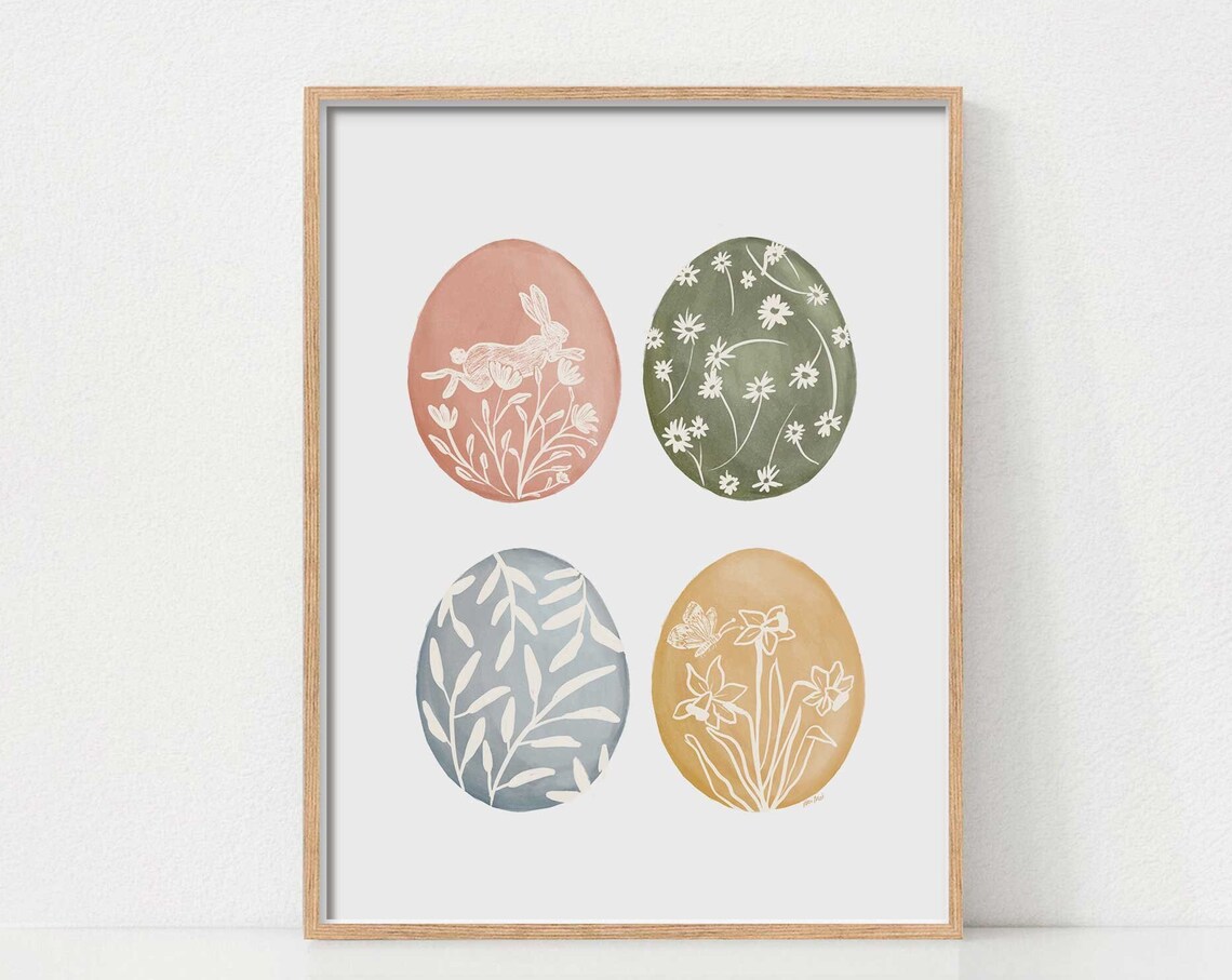Four Hand Painted Easter Eggs with Florals Watercolor Spring Art Poster