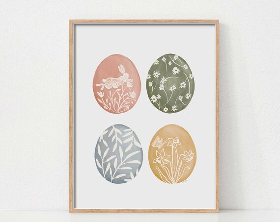 Four Hand Painted Easter Eggs with Florals Watercolor Spring Art Poster