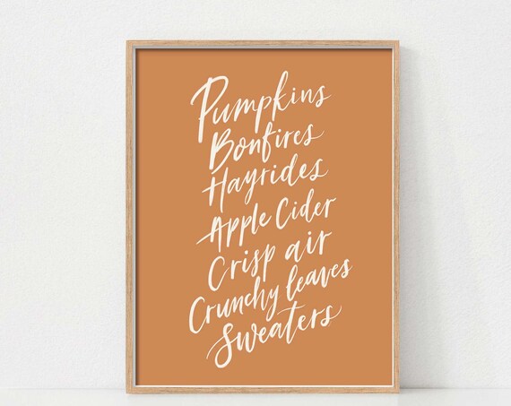 Pumpkins Bonfires Hayrides Fall Calligraphy Rustic Autumn Poster