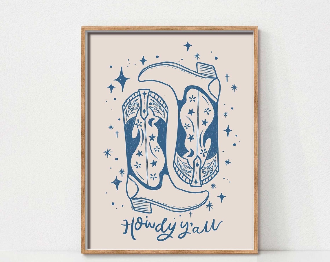 Howdy Yall Cowboy Boots Vintage Navy Blue Western Decor Poster