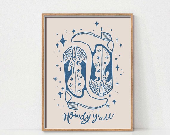 Howdy Yall Cowboy Boots Vintage Navy Blue Western Decor Poster