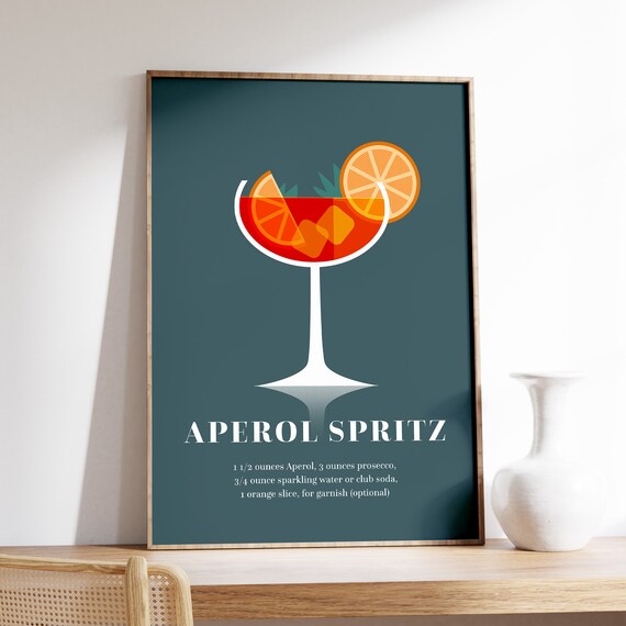 Aperol Spritz Cocktail Recipe Kitchen Bar Cart Retro Illustration Poster
