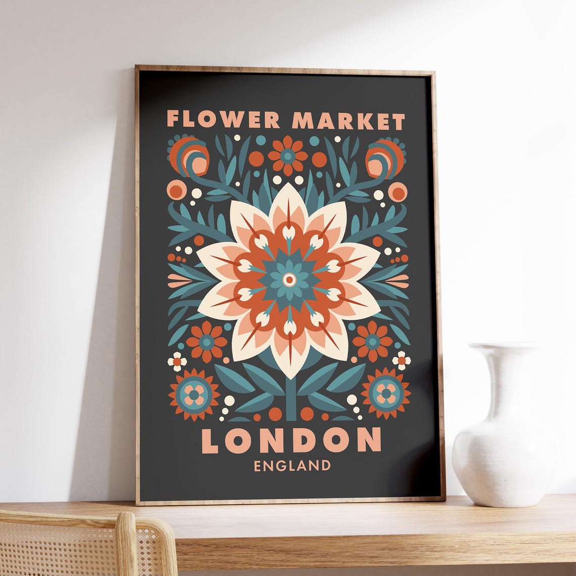 London Flower Market Print Folk Illustration Dark Aesthetic Wall Art Daisy Illustration England Flower Market London Vintage Poster