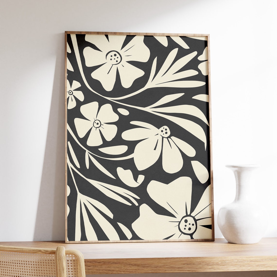 Bold Black Botanical Cream Flowers On Black Floral Wall Poster