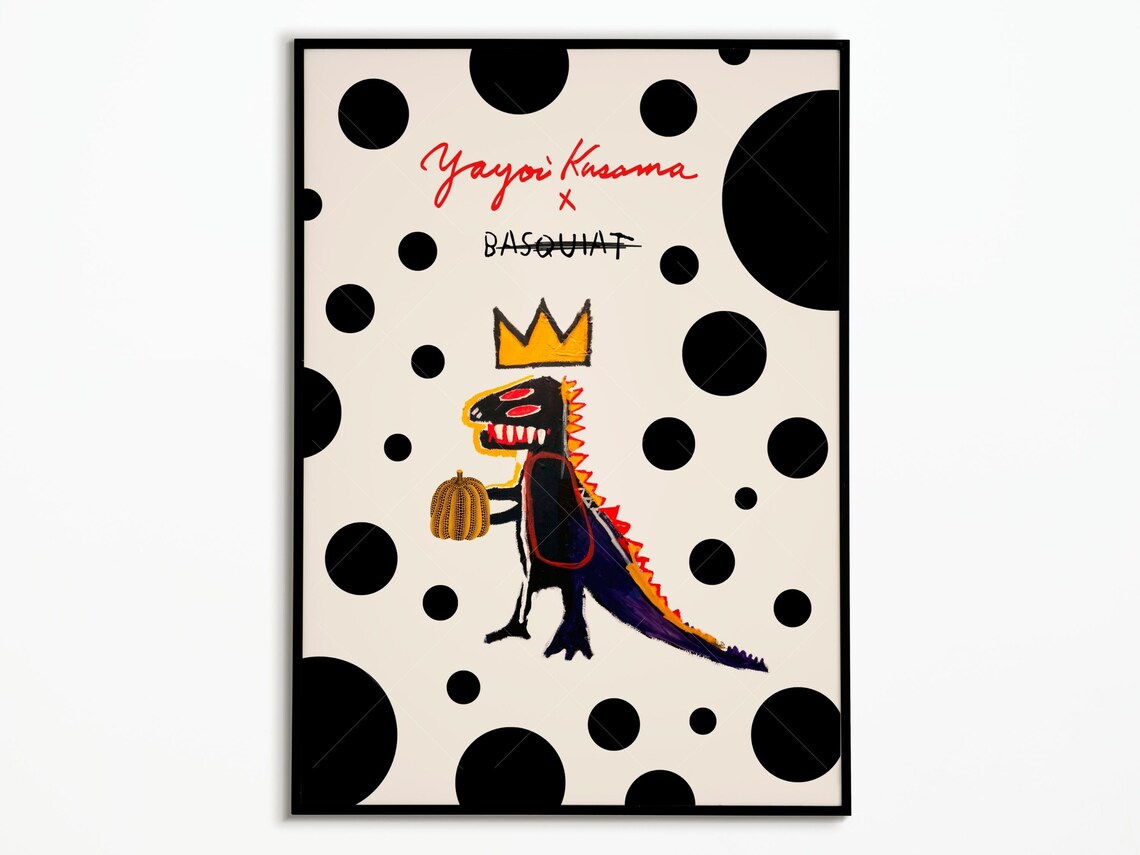 Yayoi Kusama x Basquiat Crowned Dinosaur Pumpkin Mashup Art Poster
