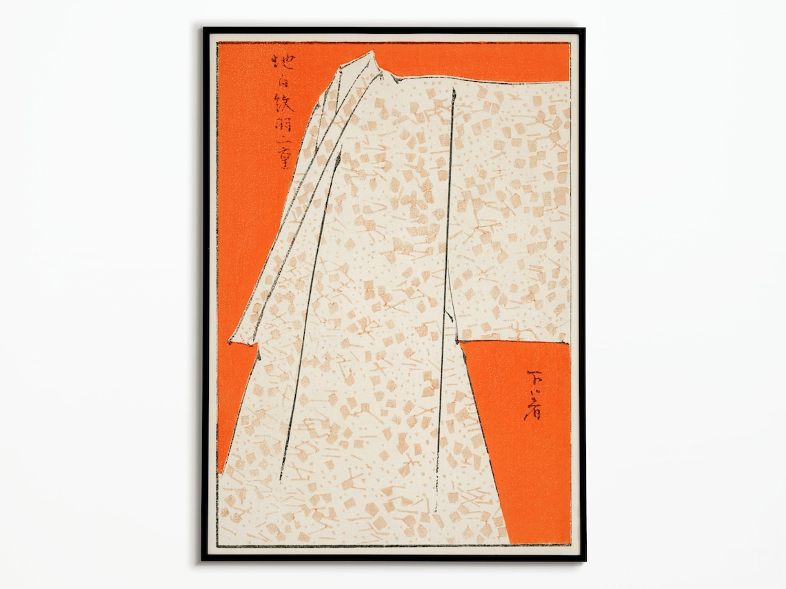 White Patterned Kimono on Orange Japanese Textile Woodblock Poster