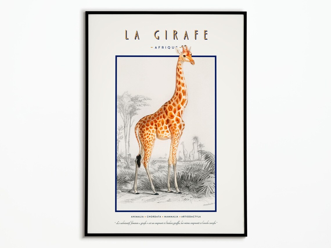 Vintage Giraffe Poster, Wildlife Wall Art Print