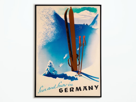 Sun and Snow in Germany Classic Retro Vintage Alpine Ski Travel Poster