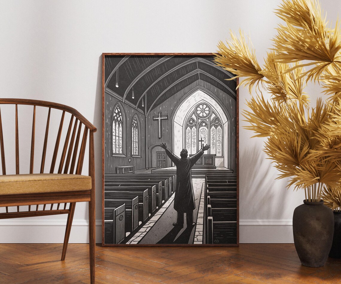 Gothic Church Interior Worship Scene With Raised Arms Poster