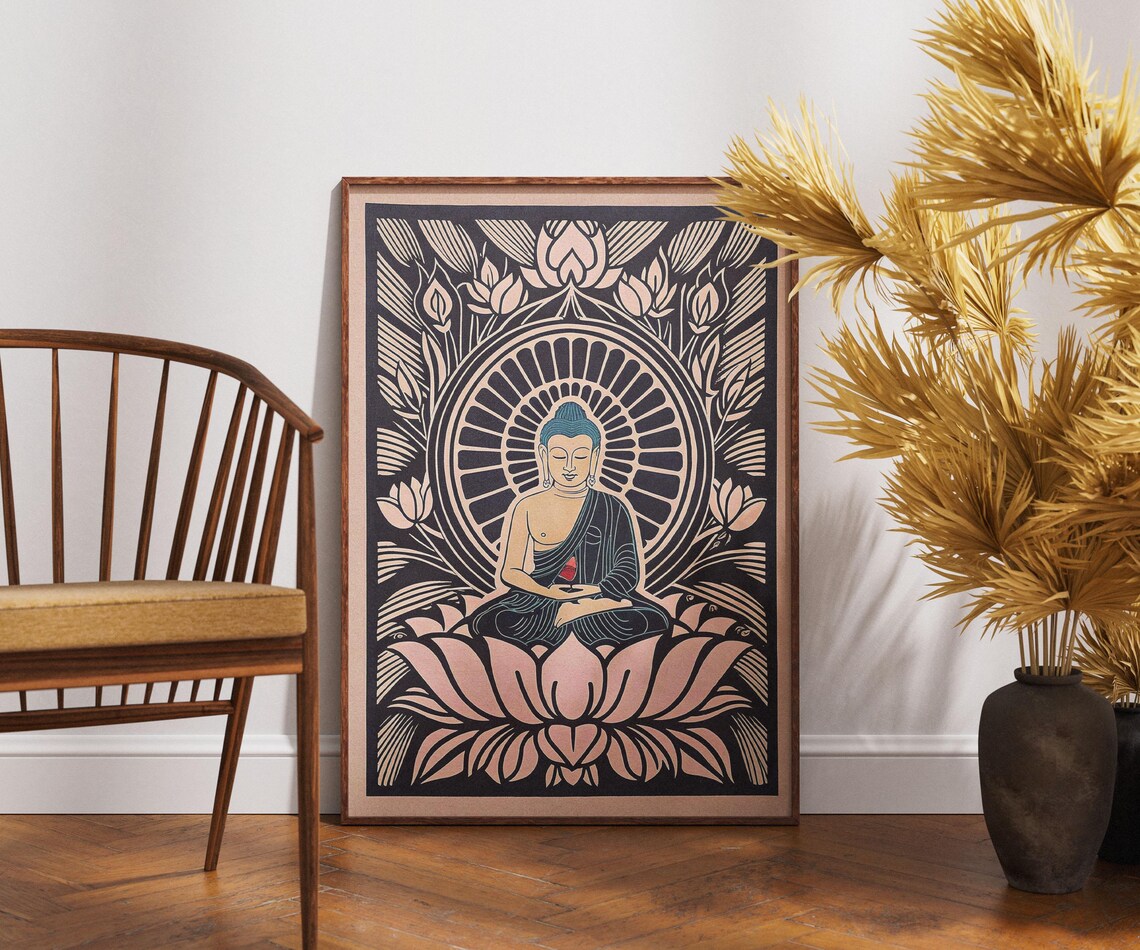 Buddha Golden Bloom Poster Lotus Mandala Zen Vintage Linocut Art