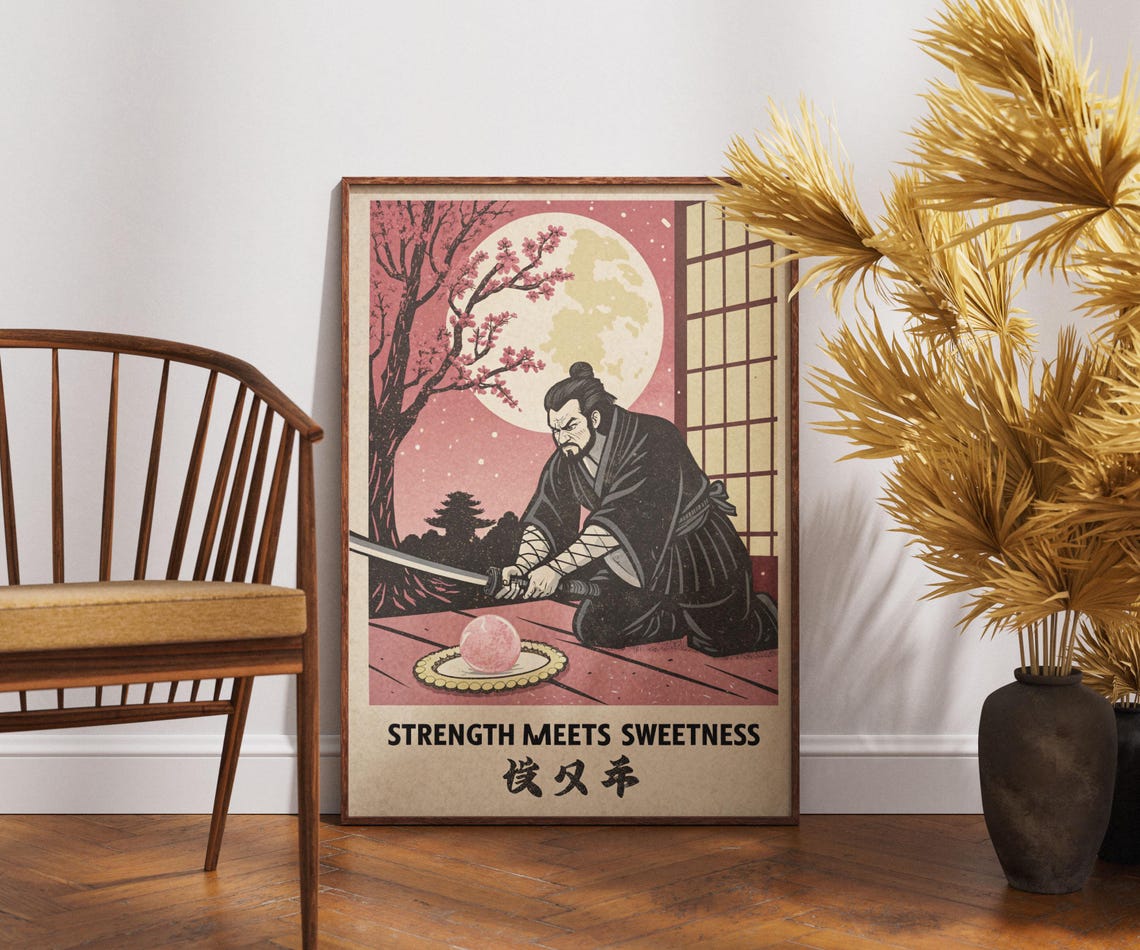 Samurai Mochi Strength Meets Sweetness Moon Cherry Blossom Art Poster