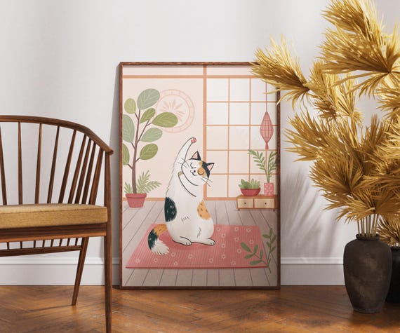 Calico Cat Doing Yoga Art Japandi Home Decor Zen Mindfulness Wall Print Cute Kawaii Poster Minimalist Peaceful Illustration