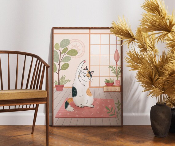 Calico Cat Doing Yoga Stretch Japandi Zen Home Decor Cute Kitty Poster