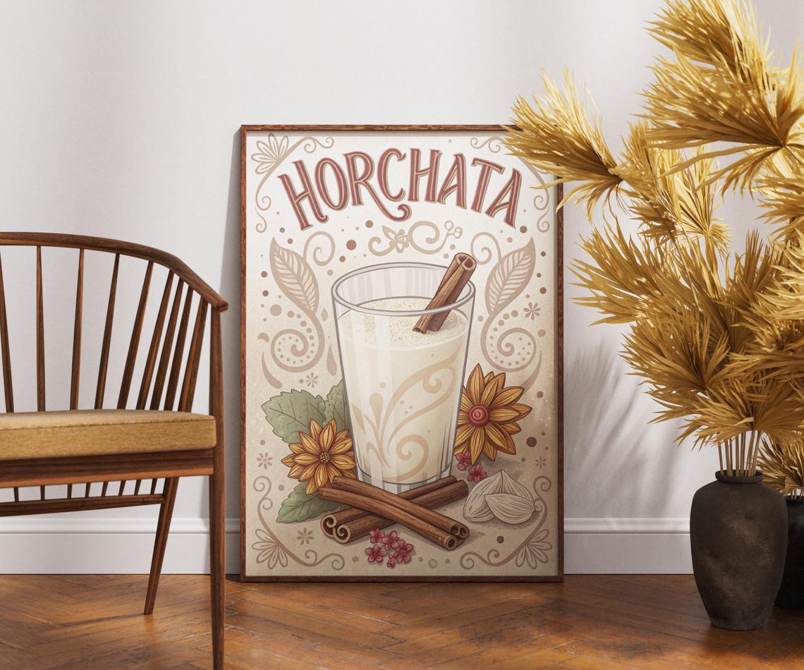 Vintage Horchata Poster Cinnamon Rice Milk Drink Retro Kitchen Art
