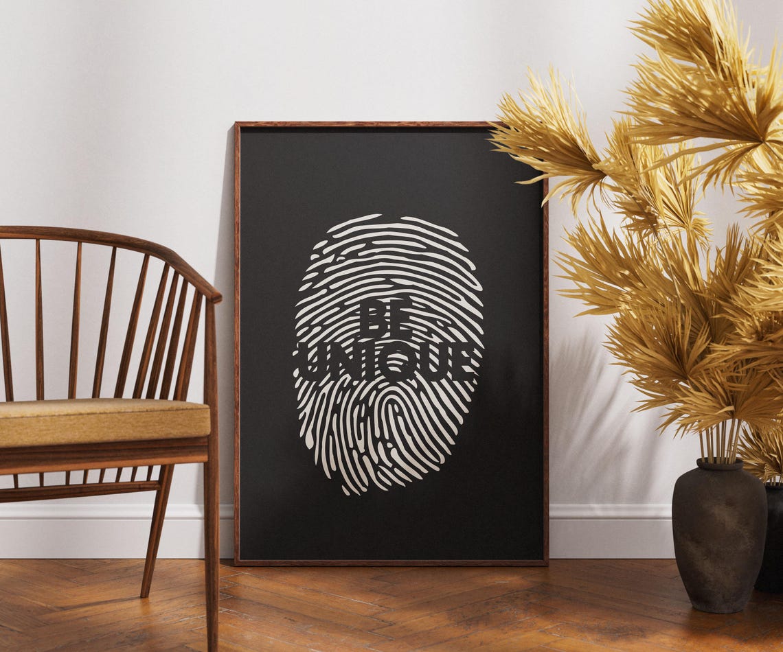 Be Unique Wall Art Print Fingerprint Typography Poster Bold Inspirational Quote Decor Black And White Modern Statement