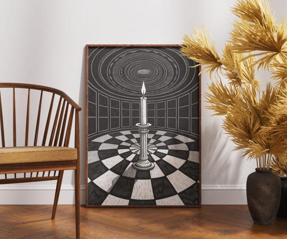 Surreal Candle Room Art Print Black And White Gothic Poster Checkerboard Floor Surrealism Mystical Flame Wall Decor