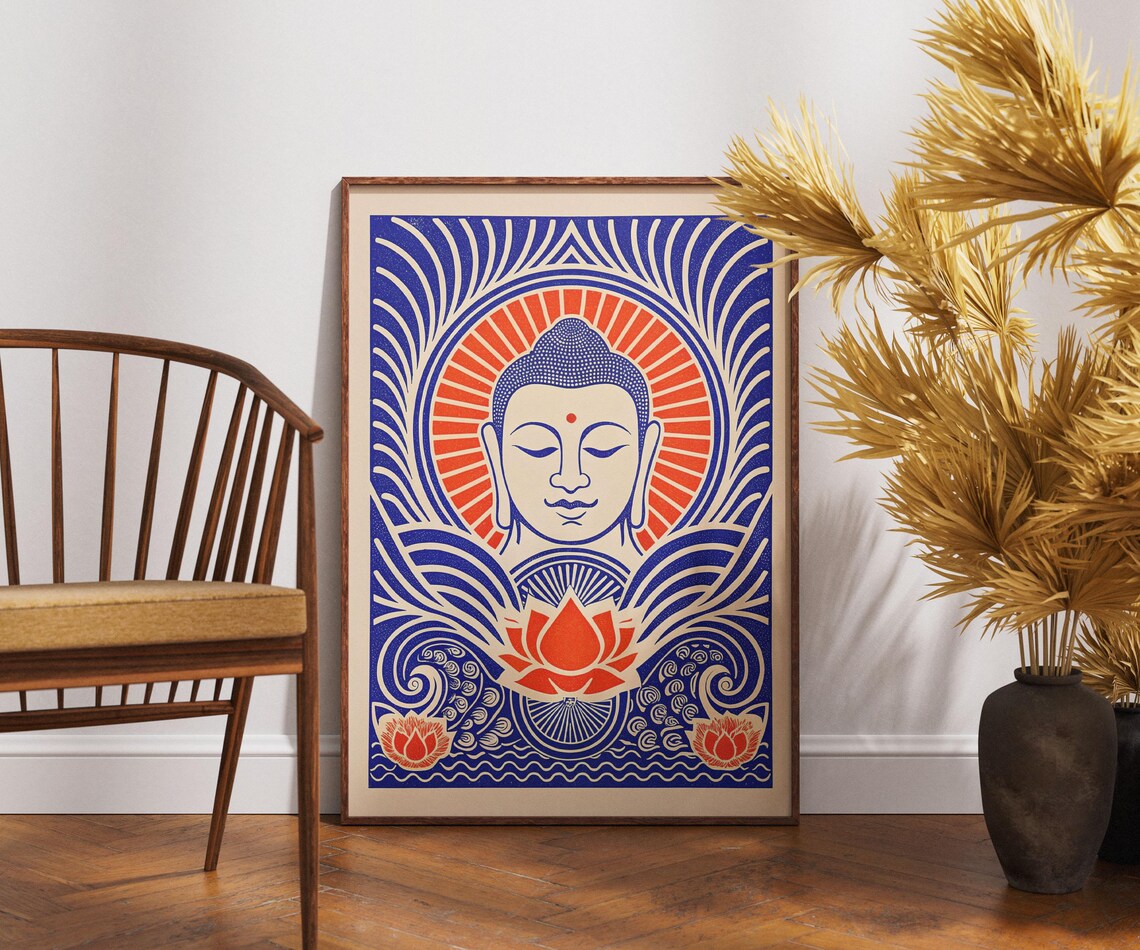 Buddha Refuge Linocut Poster Blue Waves Red Lotus Spiritual Art