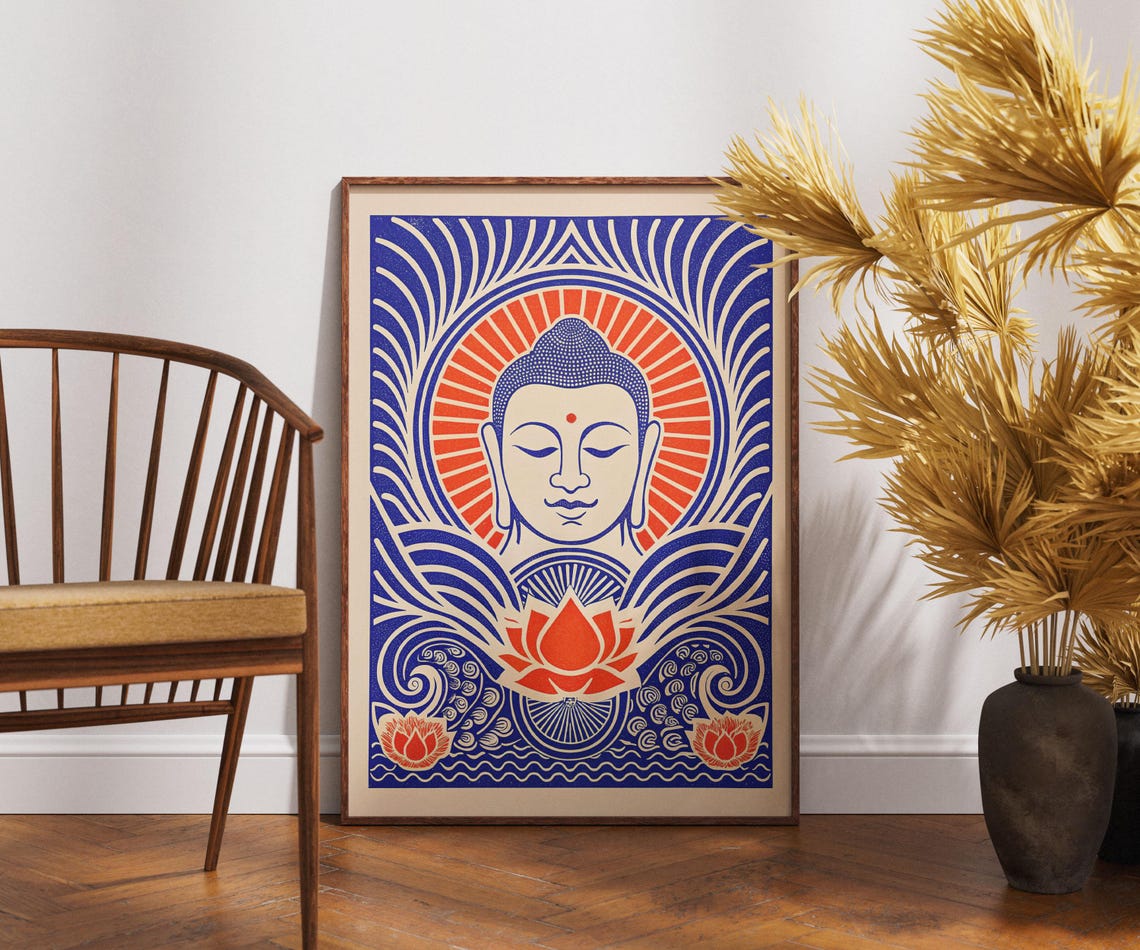 Vintage Buddha Poster Linocut Refuge Art Spiritual Wall Decor Retro Illustration Boho Meditation Print Mindfulness Gift