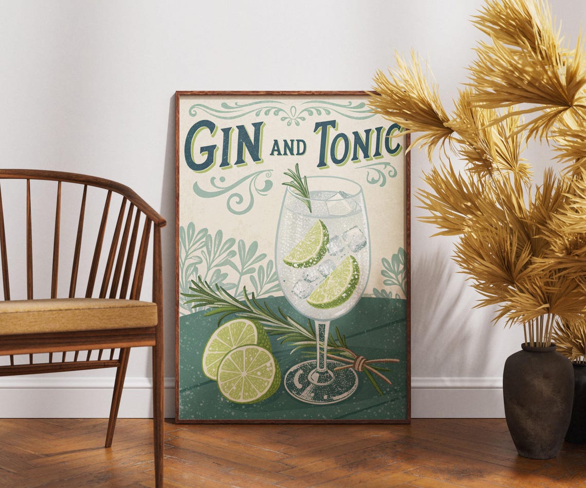 Vintage Gin and Tonic Lime Botanical Retro Cocktail Bar Art Poster