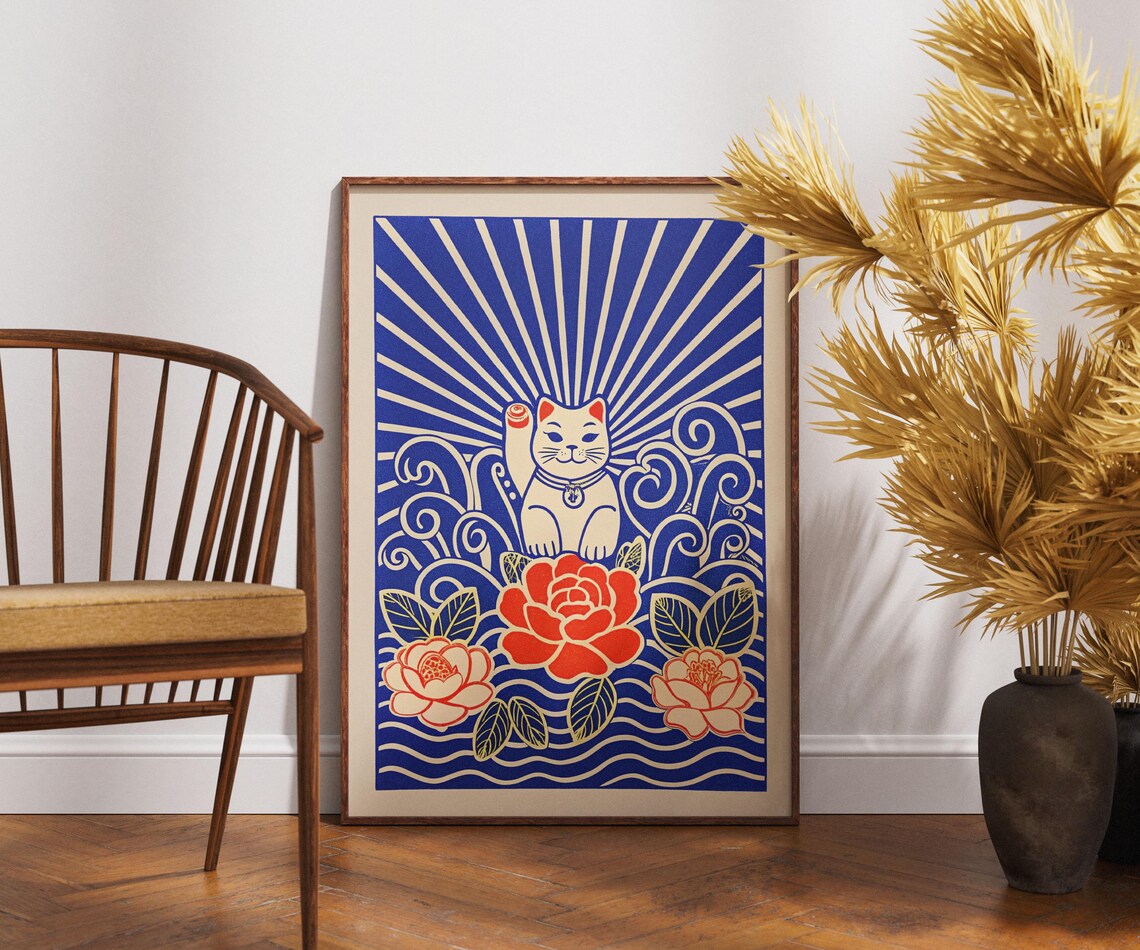 Maneki Neko Lucky Cat Red Camellia Blue Linocut Zen Art Poster