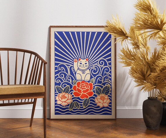 Maneki Neko Lucky Cat Red Camellia Blue Linocut Zen Art Poster