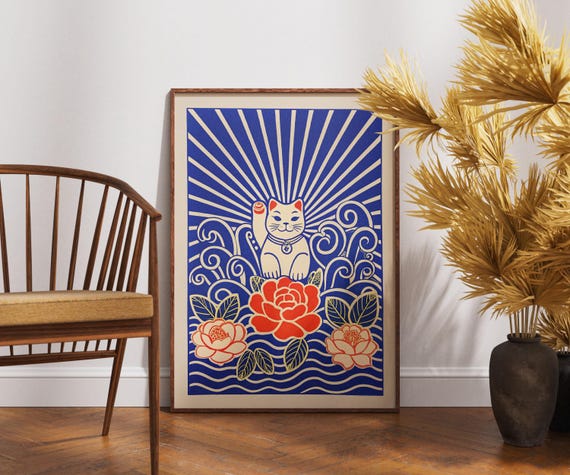 Vintage Manekineko Poster Linocut Camellias Art Retro Lucky Cat Wall Decor Boho Japanese Illustration Floral Fortune Print