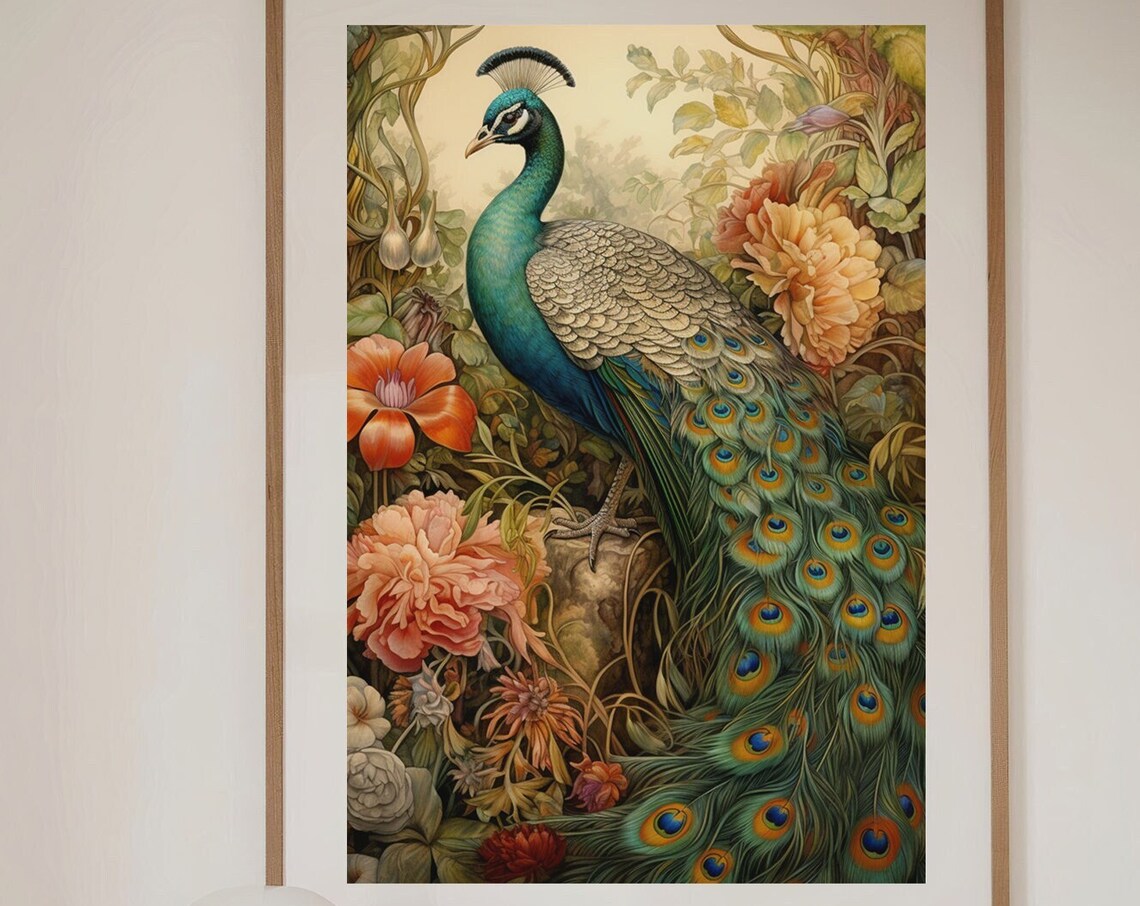 Peacock on Rock Among Tropical Flowers Vintage Botanical Poster
