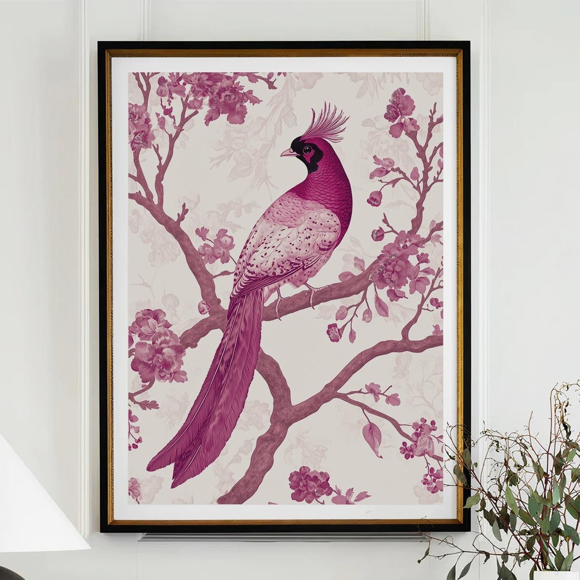 Pink Pheasant Perched on Flowering Branch Chinoiserie Poster