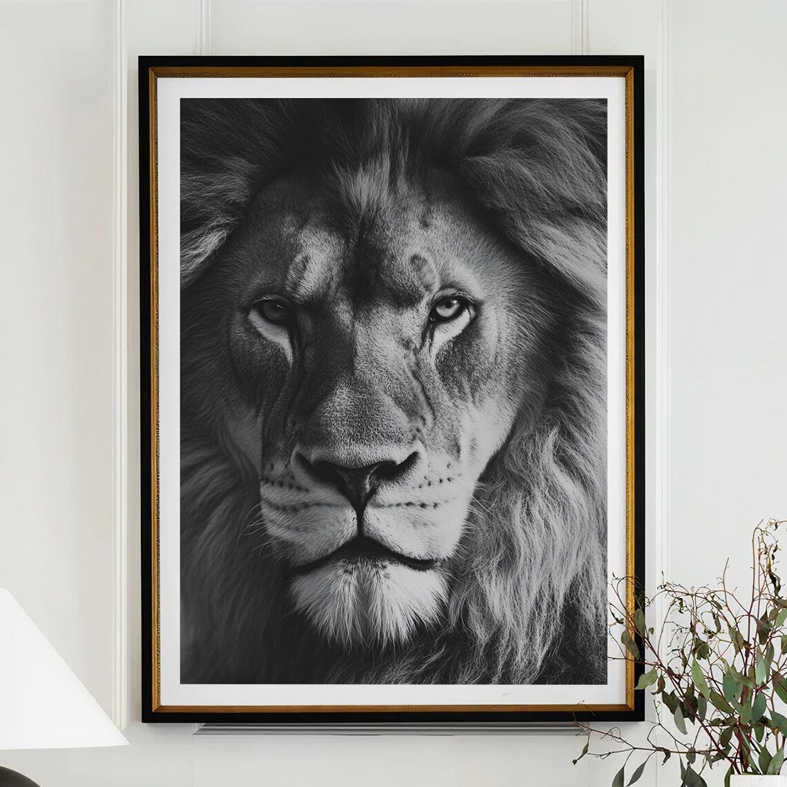 Majestic Lion Face Black and White Close Up Portrait Wall Art