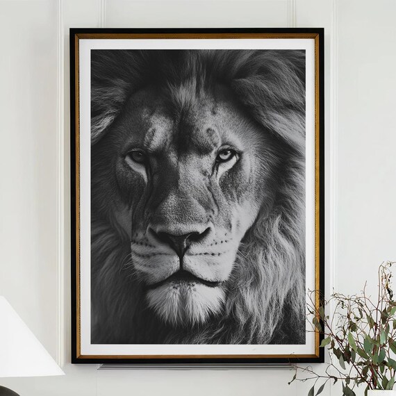 Majestic Lion Face Black and White Close Up Portrait Wall Art